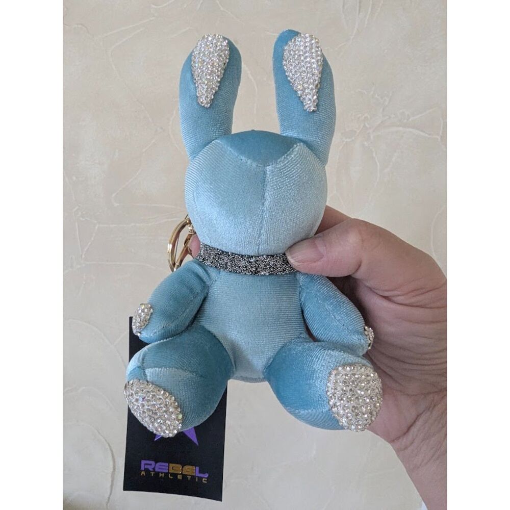 NWT Rebel Athletic blue turquoise crystal bunny keychain bag charm cheer dance